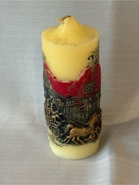 Jasco Decorative Yellow Pillar Candle with Vintage Relief Scene #M23